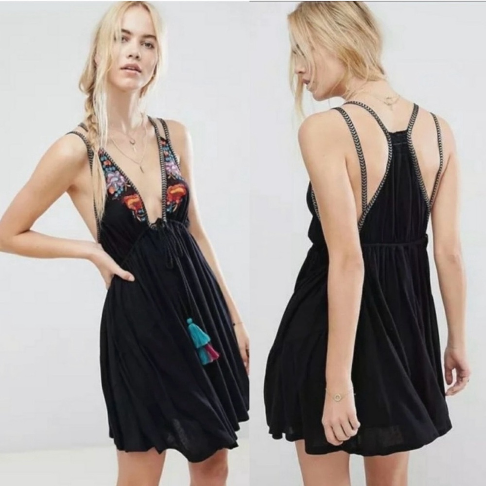 Free People Embellished Black and Blue Sundress